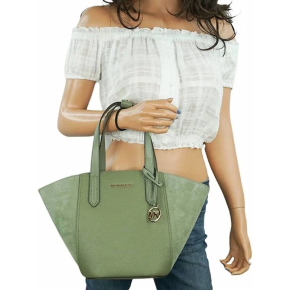 Michael Kors Portia Small Suede Leather Tote Grab Bag Army Green $358 Nwt - Picture 7 of 7